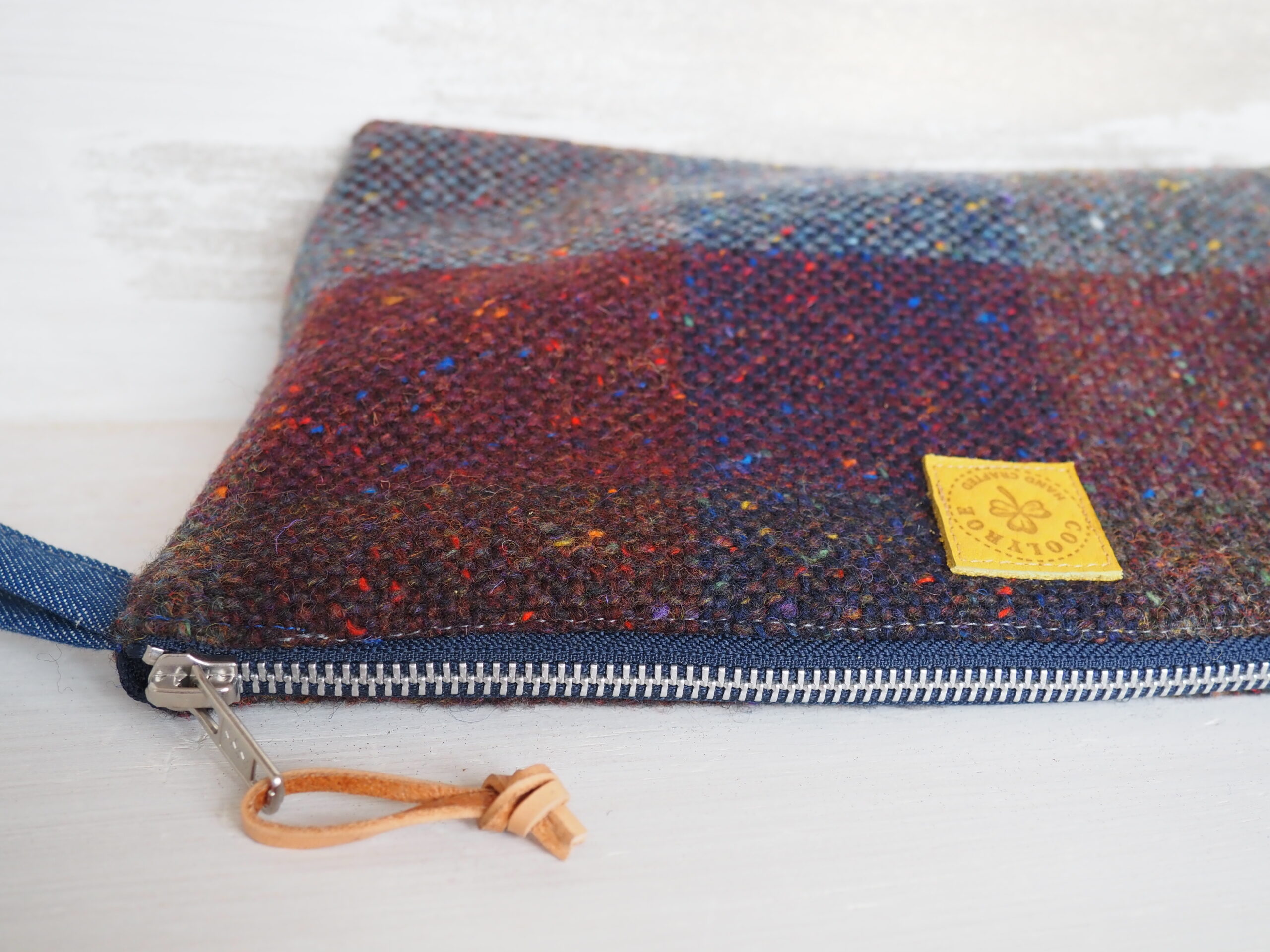 Detail of Large Irish Tweed Cosmetic Make Up Bag with silver Shamrock Embroidery