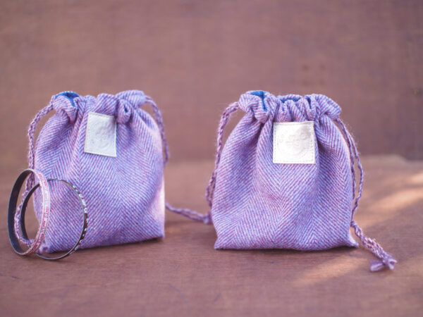 Irish Wool Tweed Orchid Herringbone Drawstring Pouch 2 Pieces Set