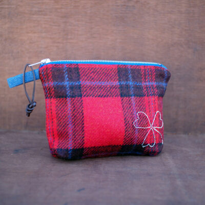 Red Tartan Check Tweed Cosmetic Bag with Silver Shamrock Embroidery