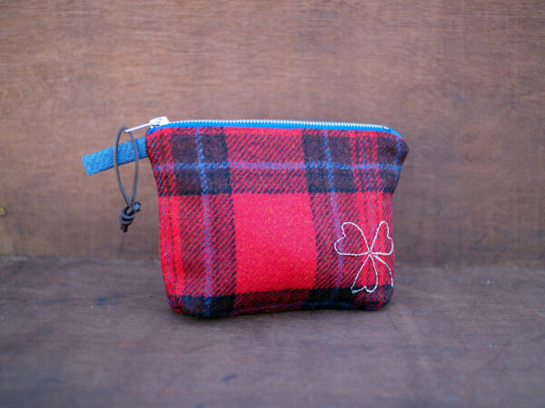 Red Tartan Check Tweed Cosmetic Bag with Silver Shamrock Embroidery
