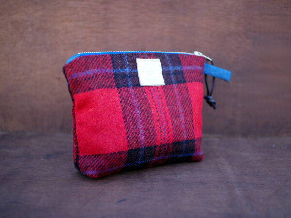 Red Tartan Check Tweed Cosmetic Bag with Silver Shamrock Embroidery - Image 3