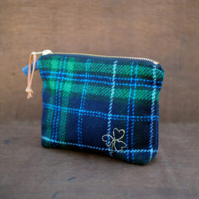 Tartan Tweed Cosmetic Bag with Golden Shamrock Embroidery