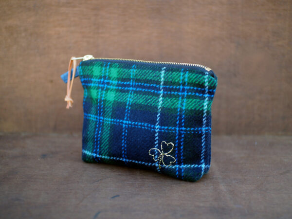 Tartan Tweed Cosmetic Bag with Golden Shamrock Embroidery