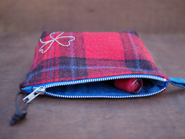 Red Tartan Check Tweed Cosmetic Bag with Silver Shamrock Embroidery - Image 4