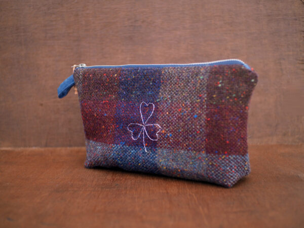 Large Irish Tweed Cosmetic Bag with Silver Shamrock Embroidery - Image 6