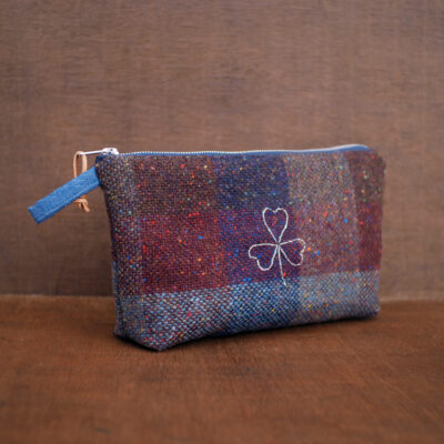 Large Irish Tweed Cosmetic Bag with Silver Shamrock Embroidery