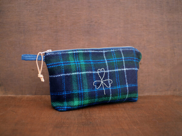 Large Tartan Tweed Cosmetic Bag with Silver Shamrock Embroidery - Image 4