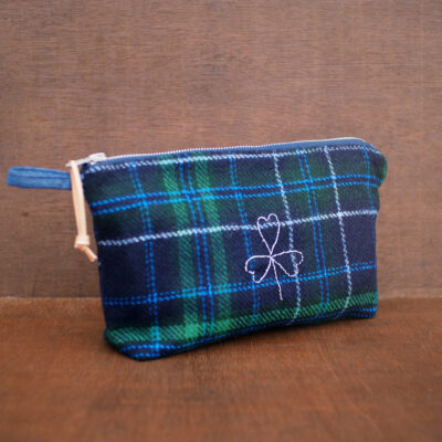 Large Tartan Tweed Cosmetic Bag with Silver Shamrock Embroidery