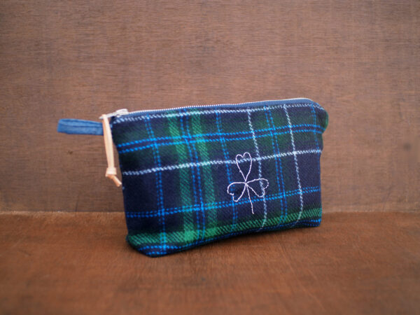 Large Tartan Tweed Cosmetic Bag with Silver Shamrock Embroidery