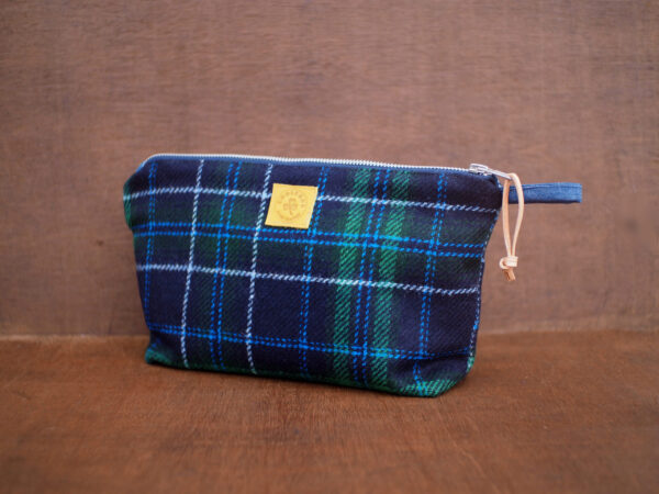 Large Tartan Tweed Cosmetic Bag with Silver Shamrock Embroidery - Image 6