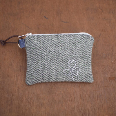 Tweed Wool Purse with embroidered silver Shamrock in Green & Creme Herringbone