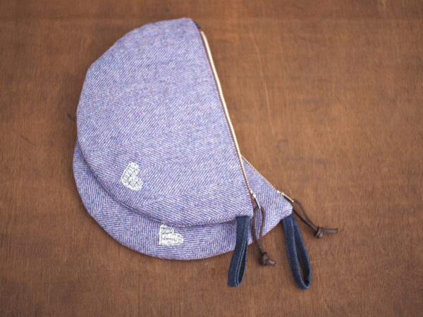 Violet Herringbone Tweed Make Up Pouch with silver heart embroidery
