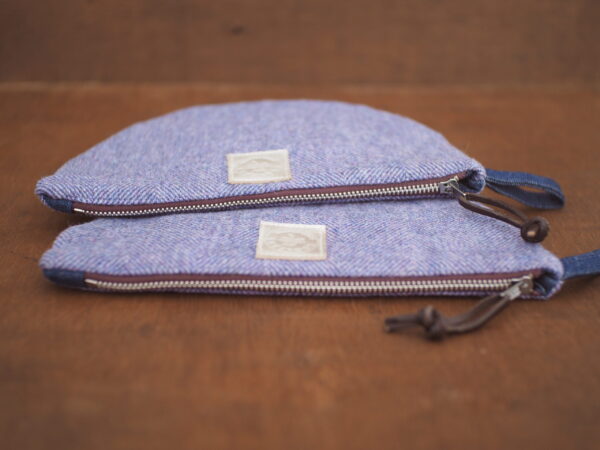 Violet Herringbone Tweed Make Up Pouch with silver heart embroidery