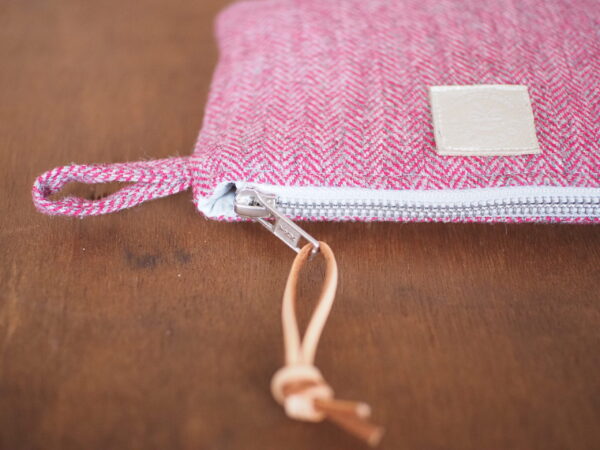 Hot Pink Herringbone Tweed Make Up Pouch with Silver Heart Embroidery - Image 3