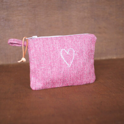 Silver Heart embroidered Tweed Pouch for Make Up