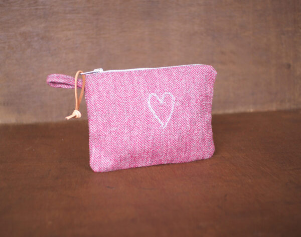 Silver Heart embroidered Tweed Pouch for Make Up