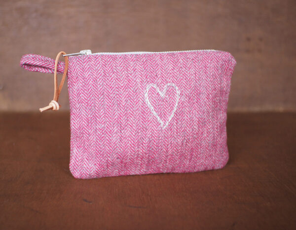 Hot Pink Herringbone Tweed Make Up Pouch with Silver Heart Embroidery - Image 4