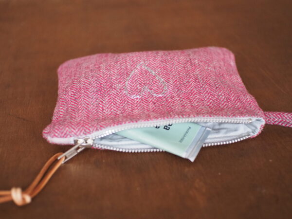 Silver Heart embroidered Tweed Pouch for Make Up