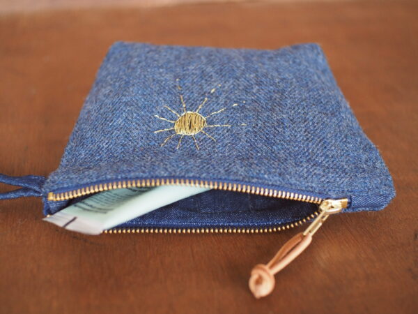 Irish Herringbone Tweed Make Up Bag with golden sun embroidery