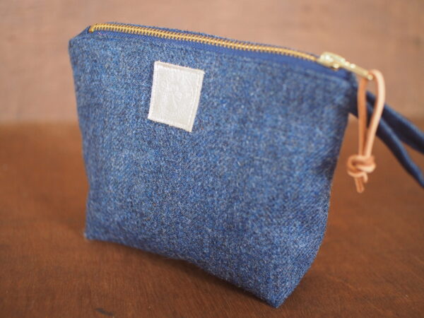 Irish Herringbone Tweed Make Up Bag with golden sun embroidery