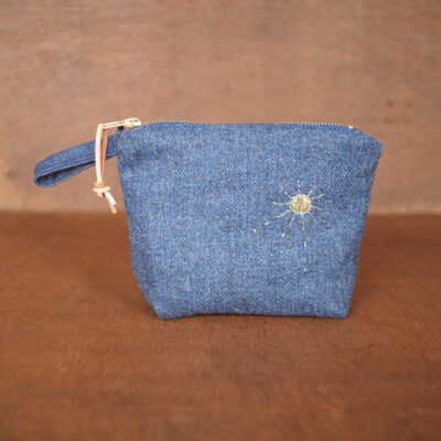 Irish Herringbone Tweed Make Up Bag with golden sun embroidery