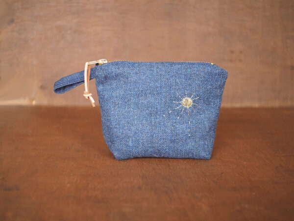 Irish Herringbone Tweed Make Up Bag with golden sun embroidery