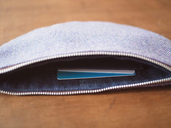 Violet Herringbone Tweed Make Up Pouch with silver heart embroidery