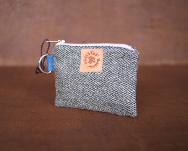 Forest Green Herringbone Tweed Wool Purse - Celtic Mini Zippered Pouch