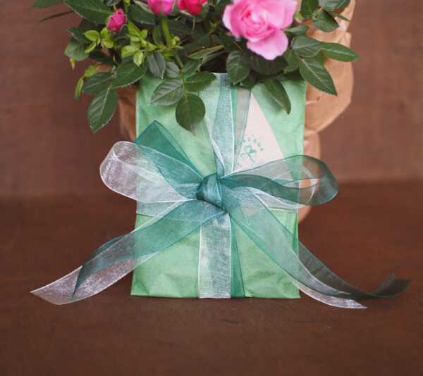 Green Organza gift wrap with Coolyroe label
