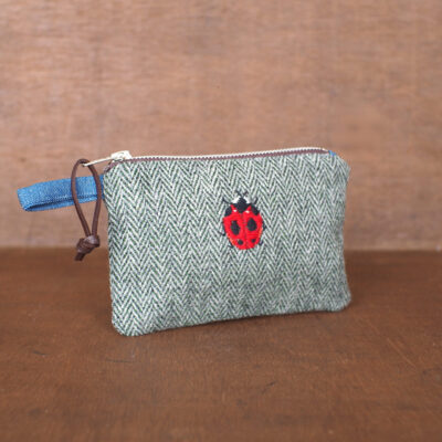 Charming Herringbone Tweed Wallet with Ladybug Embroidery