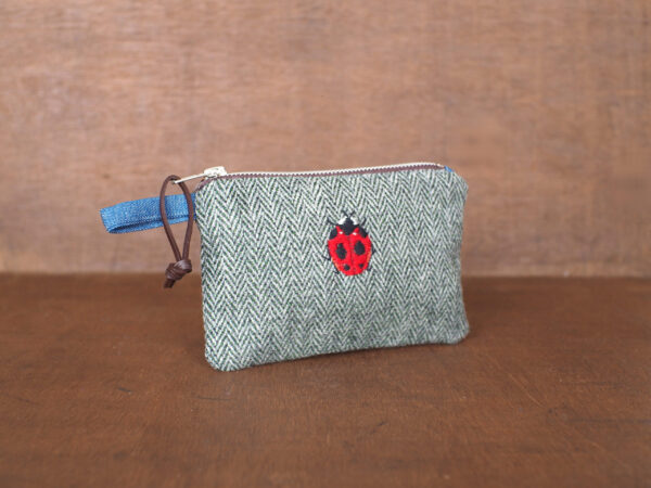 Charming Herringbone Tweed Wallet with Ladybug Embroidery