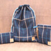 Plaid Wool Tweed Travel Gift Set - XXL Shoe bag - Cosmetic Bag - Coin Wallet - Truffle Brown Tweed & Denim