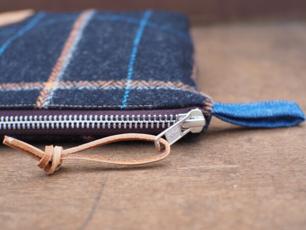 Plaid Wool Tweed Travel Gift Set - XXL Shoe bag - Cosmetic Bag - Coin Wallet - Truffle Brown Tweed & Denim