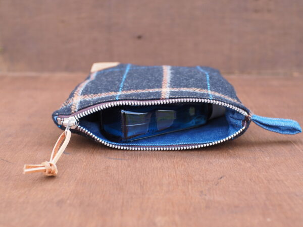 Plaid Wool Tweed Travel Gift Set - XXL Shoe bag - Cosmetic Bag - Coin Wallet - Truffle Brown Tweed & Denim