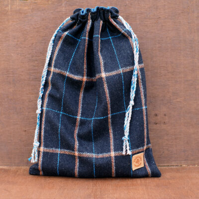 Plaid Wool Tweed Travel Gift Set - XXL Shoe bag - Cosmetic Bag - Coin Wallet - Truffle Brown Tweed & Denim