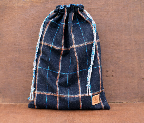 Plaid Wool Tweed Travel Gift Set - XXL Shoe bag - Cosmetic Bag - Coin Wallet - Truffle Brown Tweed & Denim