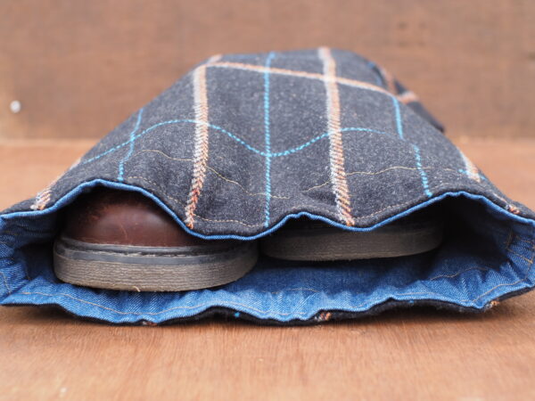Plaid Wool Tweed Travel Gift Set - XXL Shoe bag - Cosmetic Bag - Coin Wallet - Truffle Brown Tweed & Denim